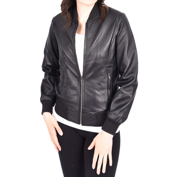 Womens Leather Bomber Jacket Black Zip Fasten Fitted Varsity Joy