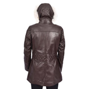 Women's Leather Duffle Coat Mid-Length with Removable Hood Quilted Details Helena Brown