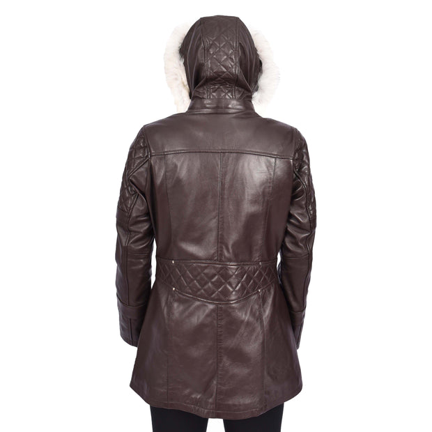 Women's Leather Duffle Coat Mid-Length with Removable Hood Quilted Details Helena Brown