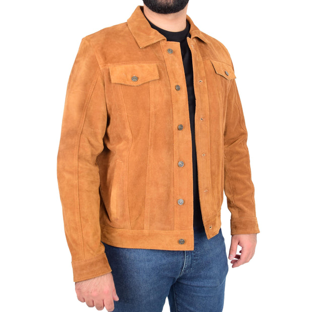 Mens Classic Tan Suede Trucker Jacket Fitted Leatherwear Casual Outerwear Finn