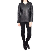 Womens Collarless Black Leather Jacket Hip Length Classic Style Zip Front Chelo