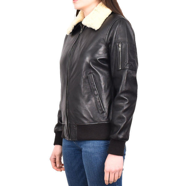 Womens Leather Bomber Jacket Black Removable Sheepskin Collar G-2 Style Dolly