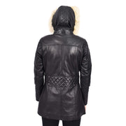 Women's Leather Duffle Coat Mid-Length with Removable Hood Quilted Details Helena Black