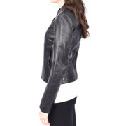 Womens Genuine Leather Jacket Soft Black, Casual Style with Front Zip Stand Collar JOJO
