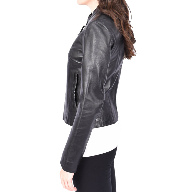 Womens Genuine Leather Jacket Soft Black, Casual Style with Front Zip Stand Collar JOJO