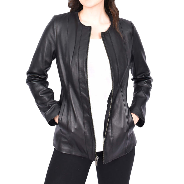 Womens Collarless Black Leather Jacket Hip Length Classic Style Zip Front Chelo