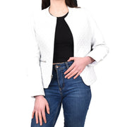 Womens Collarless White Leather Jacket Fitted Quilted Zip Up - Remi