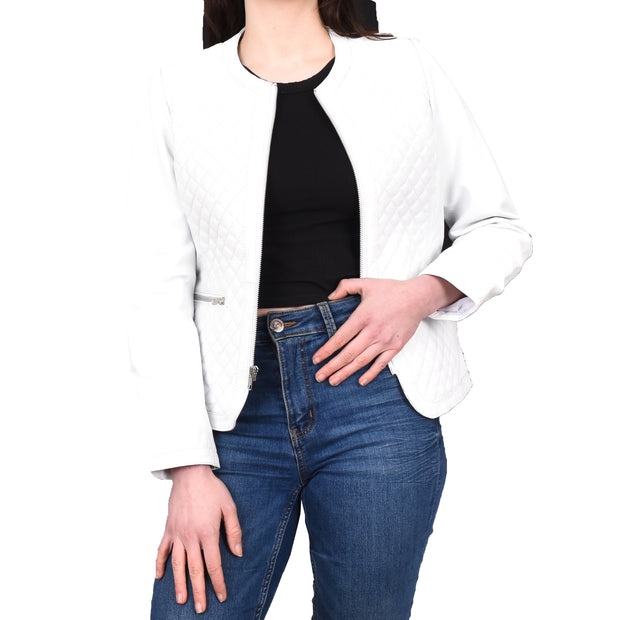 Womens Collarless White Leather Jacket Fitted Quilted Zip Up - Remi