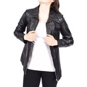 Womens Soft Black Leather Jacket Classic Fitted Quilted Hip Length Zip Fasten Paula