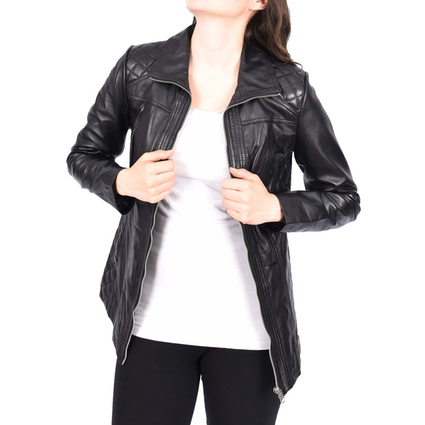 Womens Soft Black Leather Jacket Classic Fitted Quilted Hip Length Zip Fasten Paula