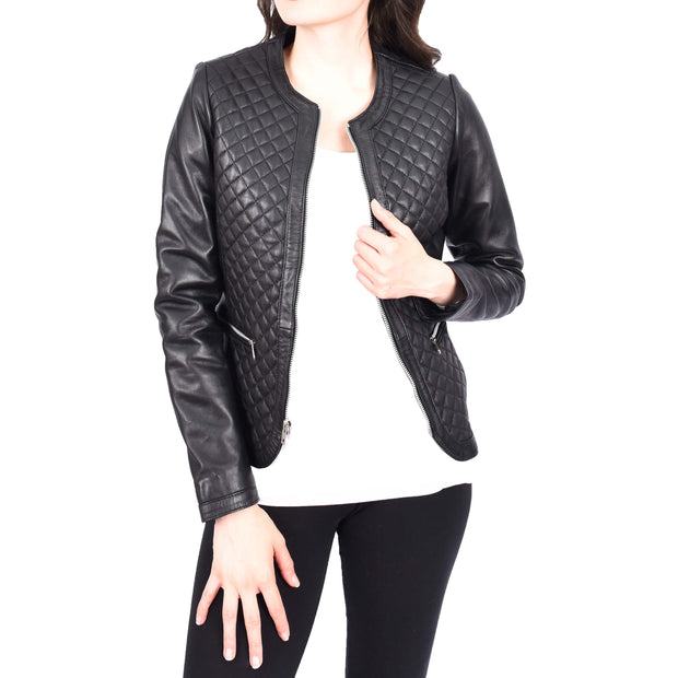 Womens Collarless Black Leather Jacket Fitted Quilted Zip Up - Remi