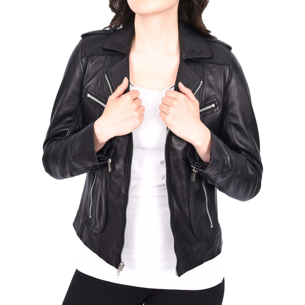 Womens Soft Black Leather Biker Jackets Tailored Fit Zip Fasten Briar
