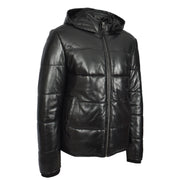 Men's Black Quilted Leather Puffer Jacket With Removable Hood, Fully Padded Winter Coat Archie