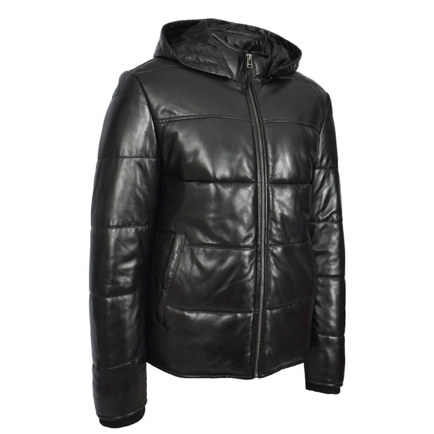 Men's Black Quilted Leather Puffer Jacket With Removable Hood, Fully Padded Winter Coat Archie