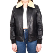 Womens Leather Bomber Jacket Black Removable Sheepskin Collar G-2 Style Dolly