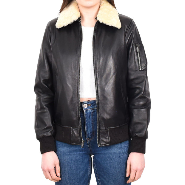 Womens Leather Bomber Jacket Black Removable Sheepskin Collar G-2 Style Dolly