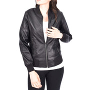 Womens Leather Bomber Jacket Black Zip Fasten Fitted Varsity Joy