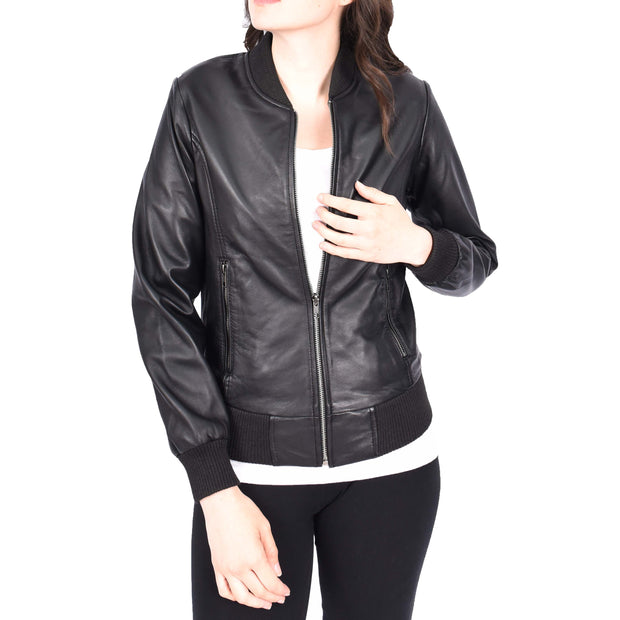 Womens Leather Bomber Jacket Black Zip Fasten Fitted Varsity Joy