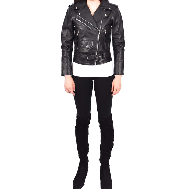 Womens Cowhide Black Biker Jacket Tough Heavy Duty Leather Brando Style Kira