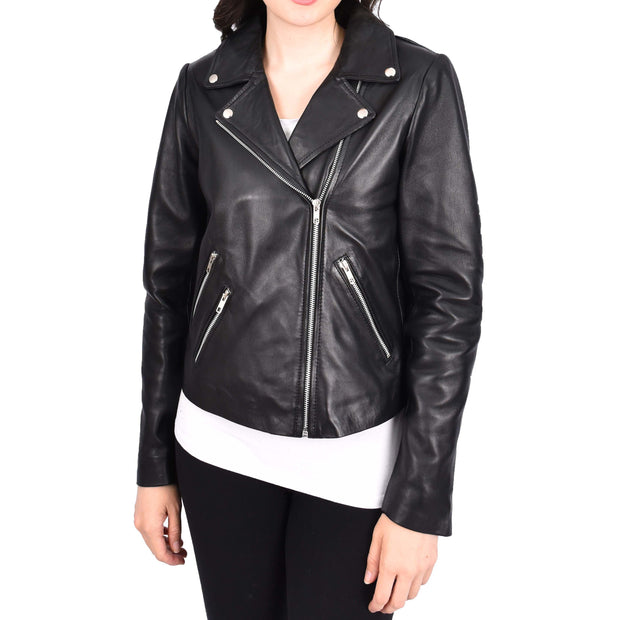 Women's Leather Biker Jacket Black Cross-Zip Fastening Casual Outerwear Delilah