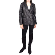 Womens Black Leather Blazer Classic Suit Dinner Jacket Style Coat Alana