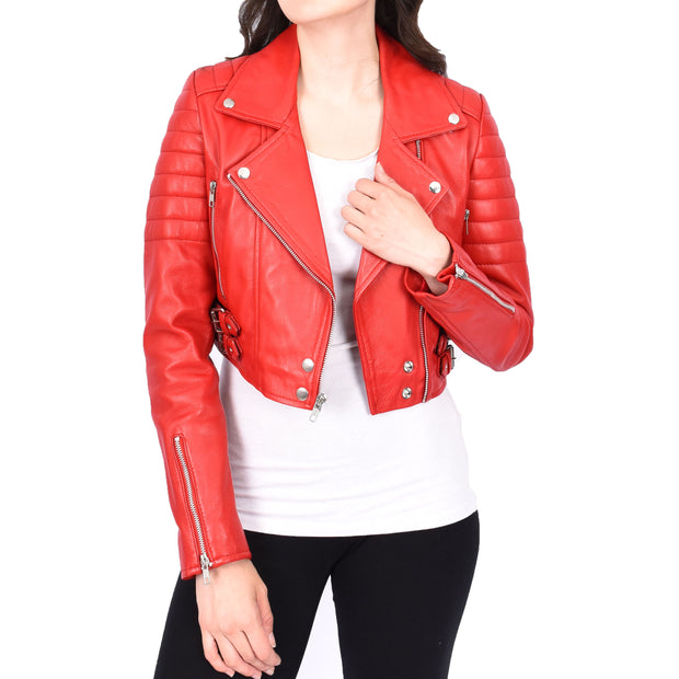 Womens Fitted Cropped Bustier Style Leather Jacket Amanda Red