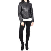 Womens Genuine Leather Jacket Soft Black, Casual Style with Front Zip Stand Collar JOJO