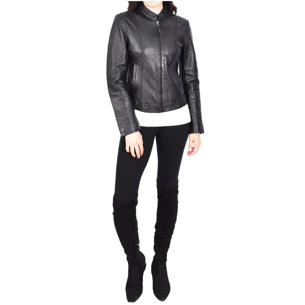 Womens Genuine Leather Jacket Soft Black, Casual Style with Front Zip Stand Collar JOJO
