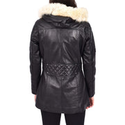 Women's Leather Duffle Coat Mid-Length with Removable Hood Quilted Details Helena Black