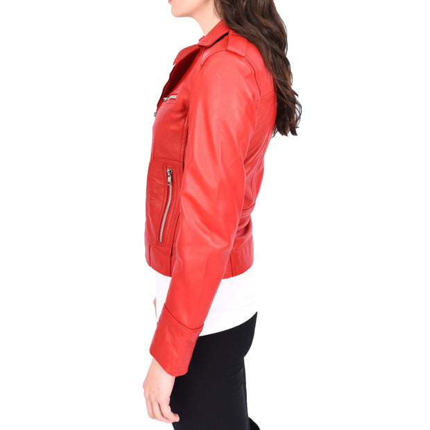 Womens Soft Red Leather Biker Jackets Tailored Fit Zip Fasten Briar