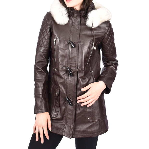 Women's Leather Duffle Coat Mid-Length with Removable Hood Quilted Details Helena Brown