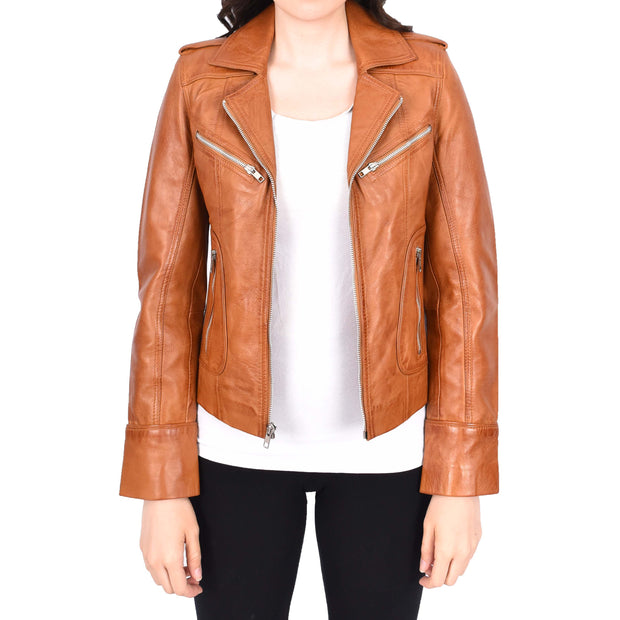 Womens Soft Tan Leather Biker Jackets Tailored Fit Zip Fasten Briar