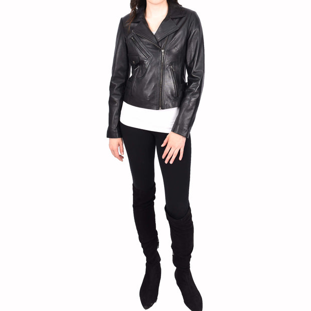Womens Luxurious Black Leather Biker Jacket Italian Designer Coat Caily