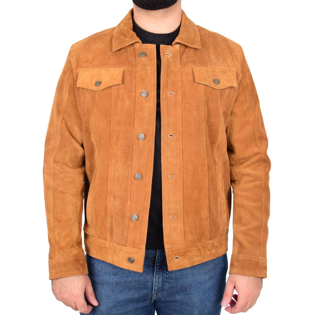 Mens Classic Tan Suede Trucker Jacket Fitted Leatherwear Casual Outerwear Finn
