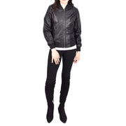 Womens Leather Bomber Jacket Black Zip Fasten Fitted Varsity Joy