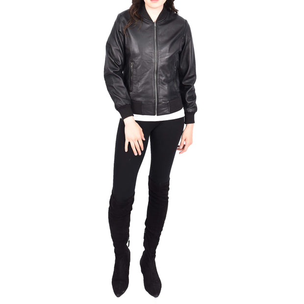Womens Leather Bomber Jacket Black Zip Fasten Fitted Varsity Joy
