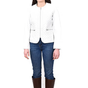 Womens Collarless White Leather Jacket Fitted Quilted Zip Up - Remi