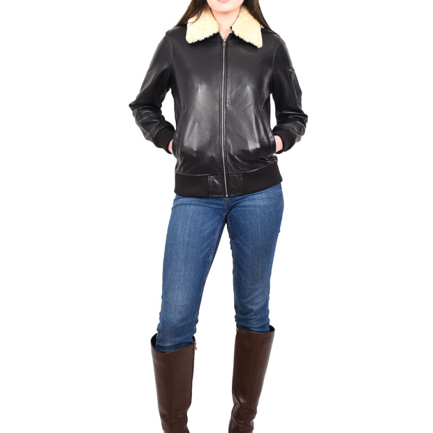 Womens Leather Bomber Jacket Black Removable Sheepskin Collar G-2 Style Dolly