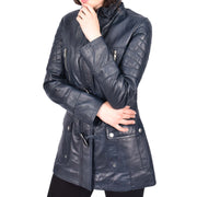 Women's Leather Duffle Coat Mid-Length with Removable Hood Quilted Details Helena Navy