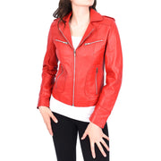 Womens Soft Red Leather Biker Jackets Tailored Fit Zip Fasten Briar