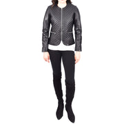 Womens Collarless Black Leather Jacket Fitted Quilted Zip Up - Remi