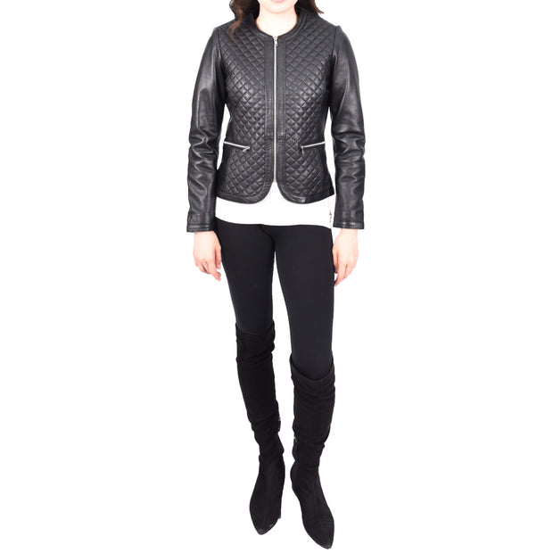 Womens Collarless Black Leather Jacket Fitted Quilted Zip Up - Remi