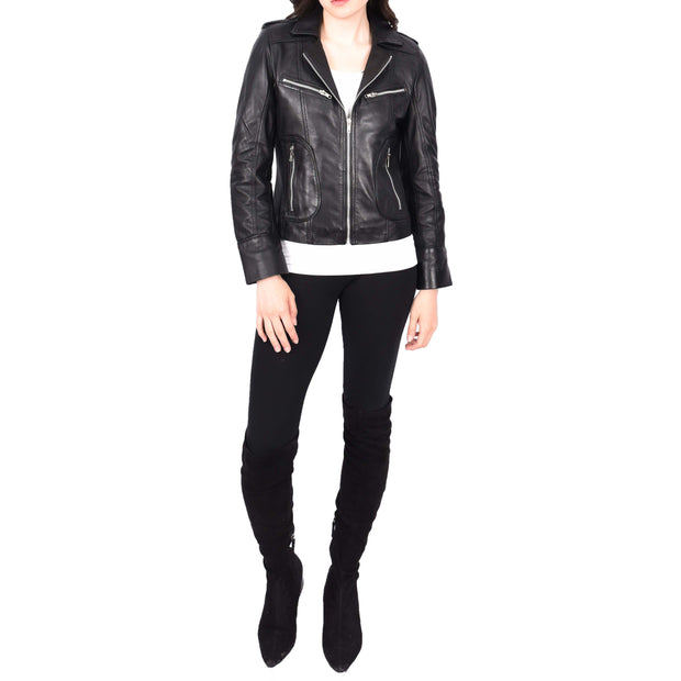 Womens Soft Black Leather Biker Jackets Tailored Fit Zip Fasten Briar