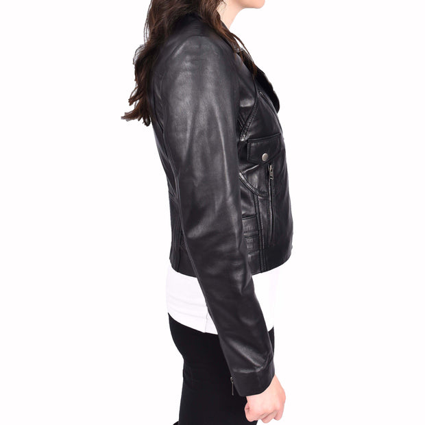 Womens Luxurious Black Leather Biker Jacket Italian Designer Coat Caily