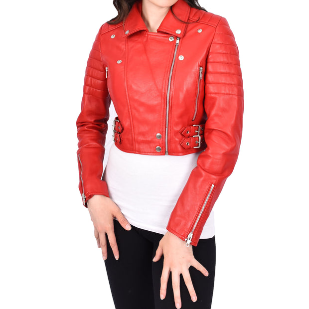 Womens Fitted Cropped Bustier Style Leather Jacket Amanda Red