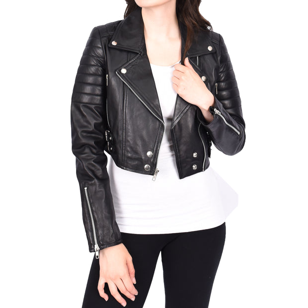 Womens Fitted Cropped Bustier Style Leather Jacket Amanda Black