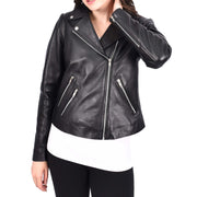 Women's Leather Biker Jacket Black Cross-Zip Fastening Casual Outerwear Delilah