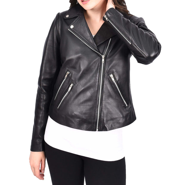 Women's Leather Biker Jacket Black Cross-Zip Fastening Casual Outerwear Delilah