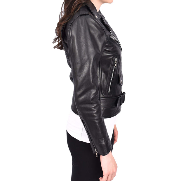 Womens Cowhide Black Biker Jacket Tough Heavy Duty Leather Brando Style Kira