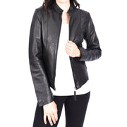 Womens Genuine Leather Jacket Soft Black, Casual Style with Front Zip Stand Collar JOJO